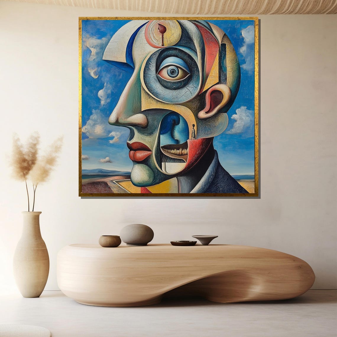 Surreal Abstract Face Portrait Cubist Style Blue Sky Art Poster