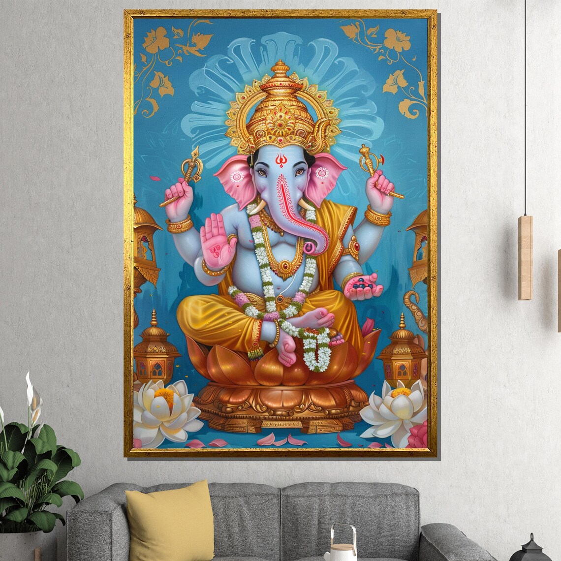 Lord Ganesha Golden Crown Lotus Sacred Blessing Hindu Deity Poster - Image 2