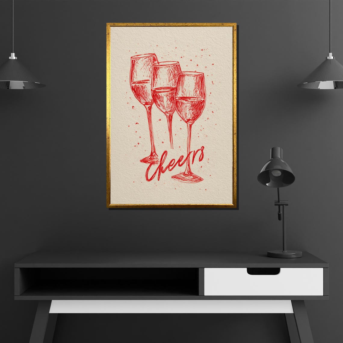 Cheers Red Wine Glasses Sketch Kitchen Bar Cart Celebration Art Poster - Image 4