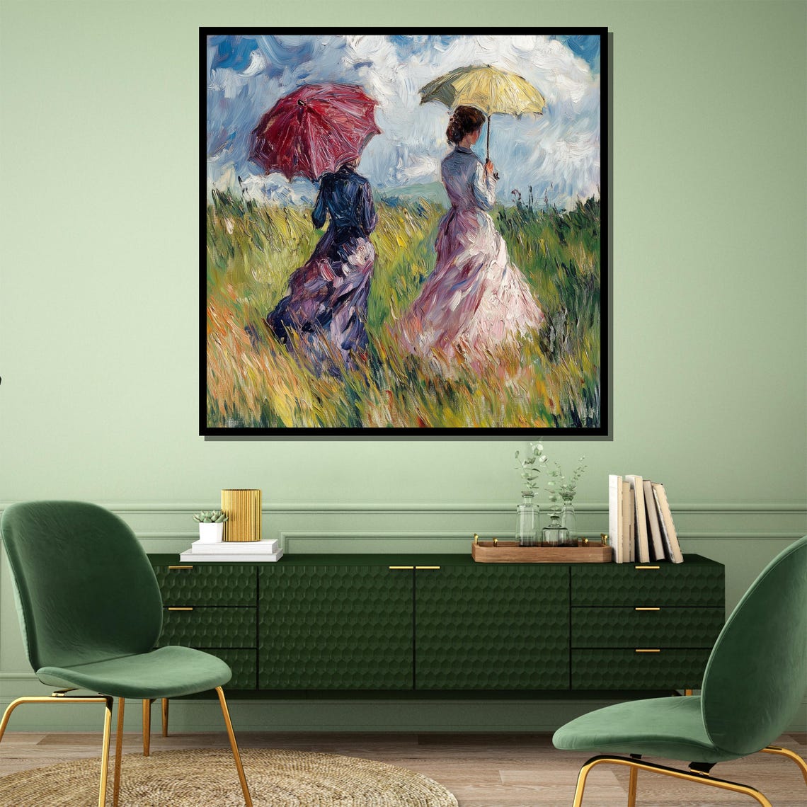 Two Women With Parasols Spring Meadow Impressionist Floral Poster - Image 3