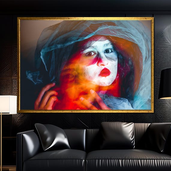 Phantom In Red Veil Surreal Portrait With Painted Face And Dreamlike Shadows Theatrical Glow For Bold Contemporary Art Statement