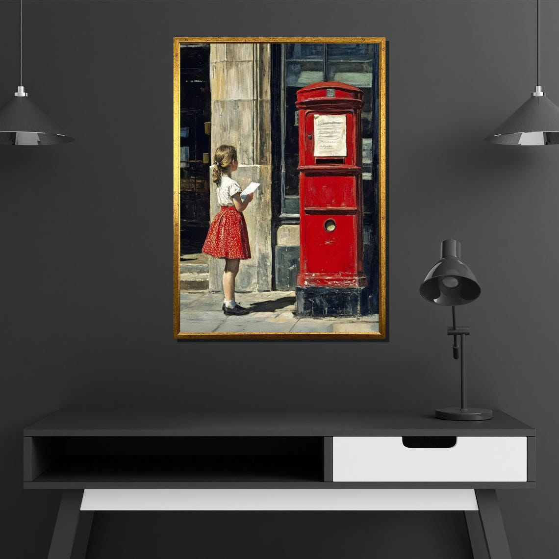 Little Girl Posting Letter Red British Mailbox Sunlit Street Poster - Image 4