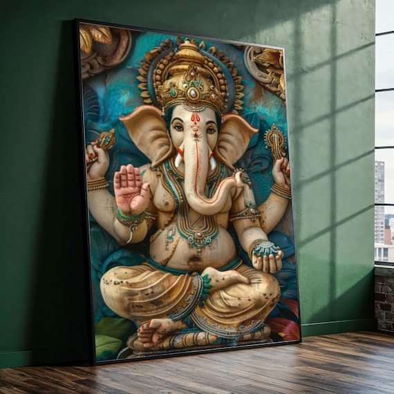 Lord Ganesha Blessing Sacred Four Arms Ivory Teal Spiritual Poster
