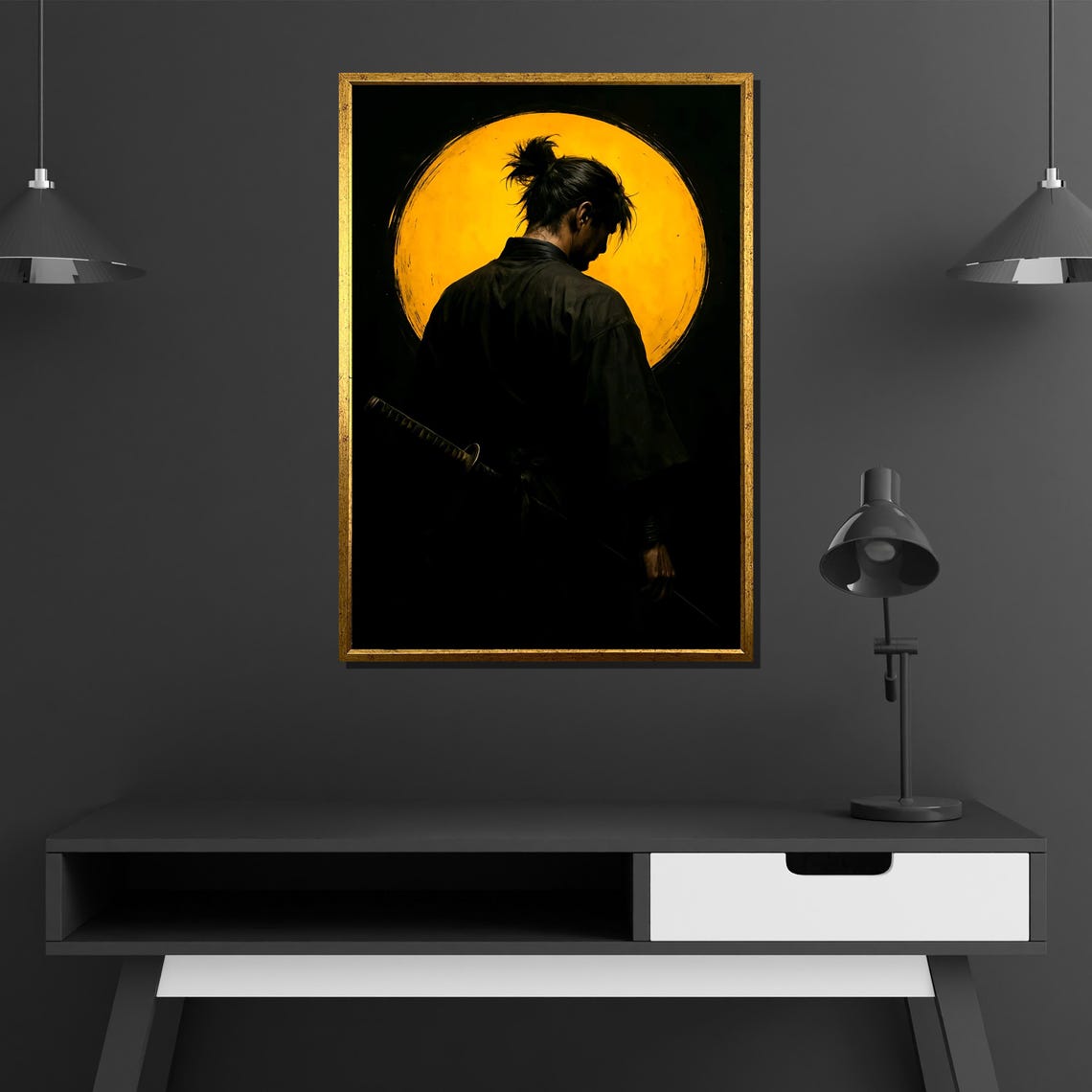 Samurai Silhouette With Katana Before Golden Sun Circle Poster - Image 3