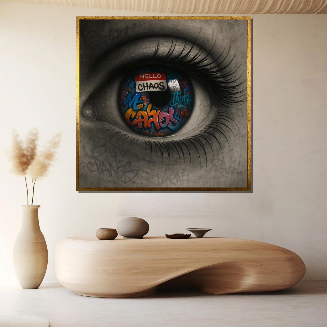 Hyperrealistic Eye With Graffiti Iris Hello Chaos Statement Poster
