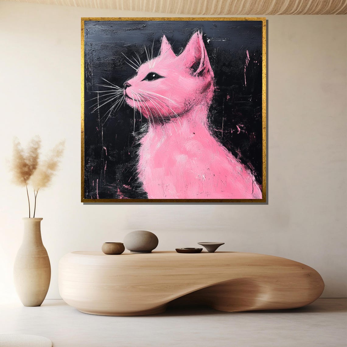 Dreamy Pink Cat Portrait Moody Black Background Modern Poster - Image 2