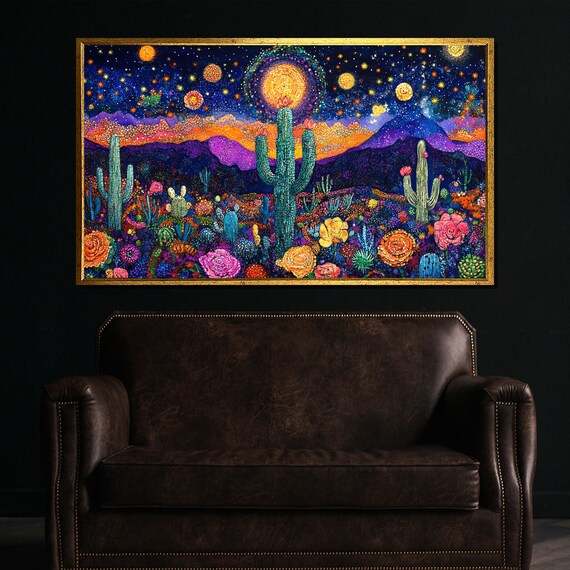 Starry Night Desert Saguaro Cactus Blooming Flowers Colorful Art Poster