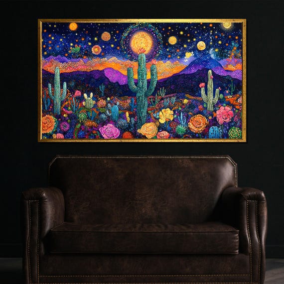 Vibrant Starry Desert Landscape With Cactus And Flowers Colorful Southwestern Wall Art For Boho Home Decor Or Nature Lover