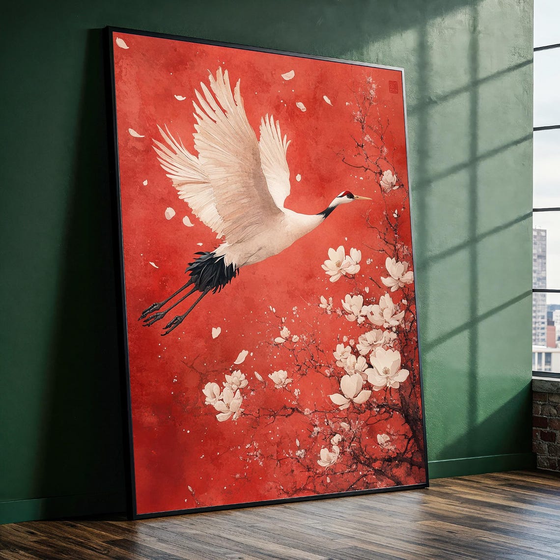 Graceful Red Crowned Crane Flying Cherry Blossom Oriental Poster