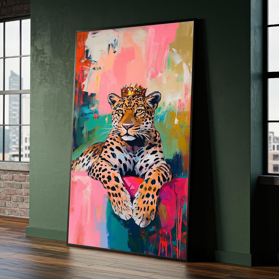 Crowned Leopard Canvas Painting Colorful Jungle King Wall Art Ready To Hang Gift For Bold Decor Lovers