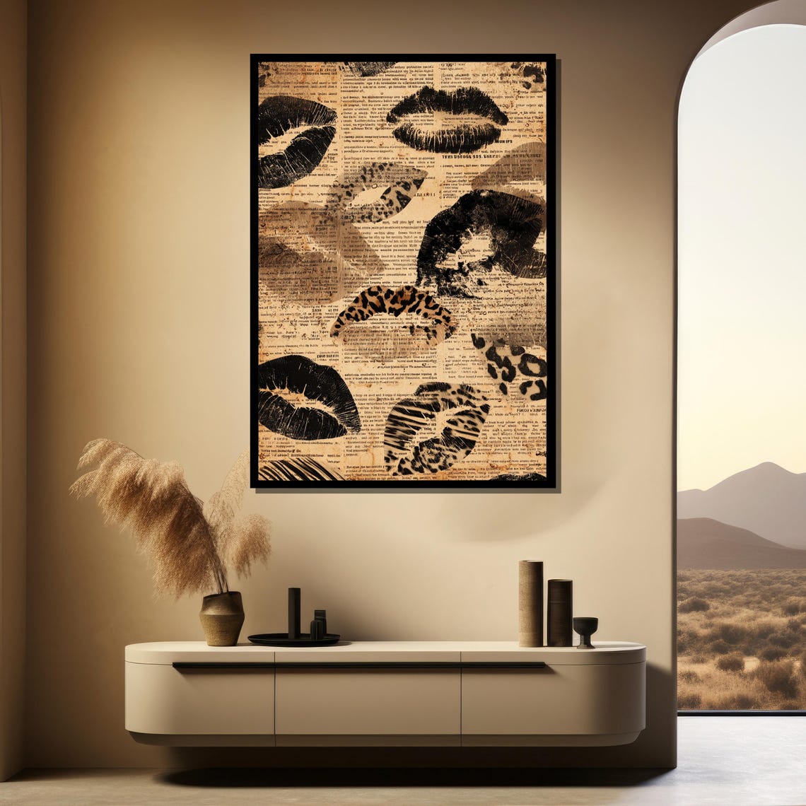 Leopard Print Lipstick Kiss Collage Canvas Painting Ready To Hang Gift Boho Glam Pop Art Wall Decor - Image 3