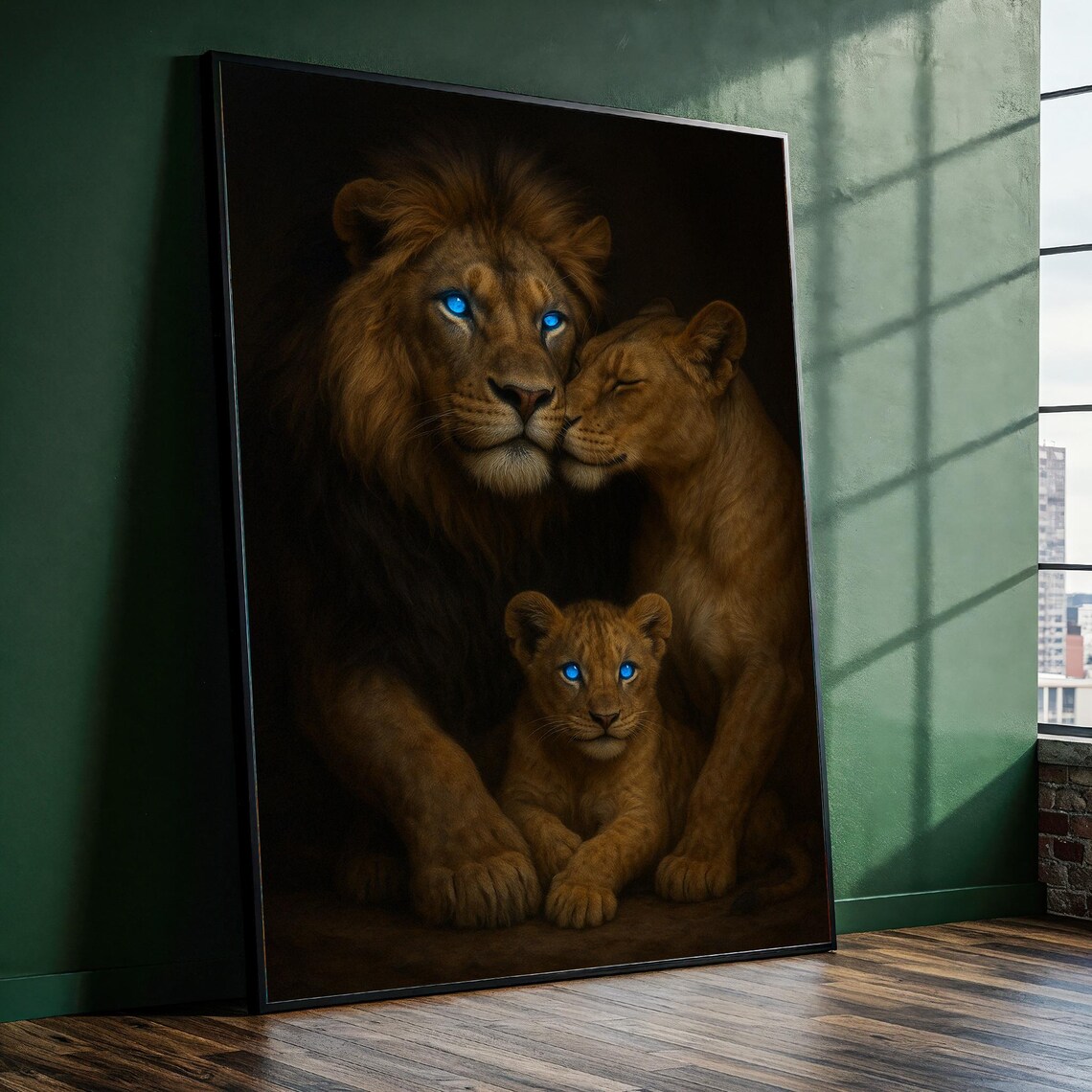 Majestic Lion Family Father Mother Cub Blue Eyes Wildlife Poster