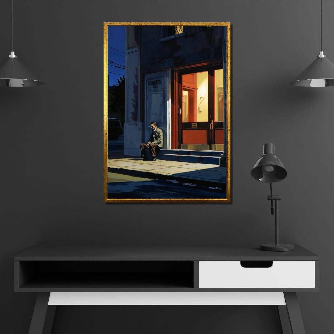Edward Hopper Style Lonely Man Night Doorway Moody Painting Poster - Image 4