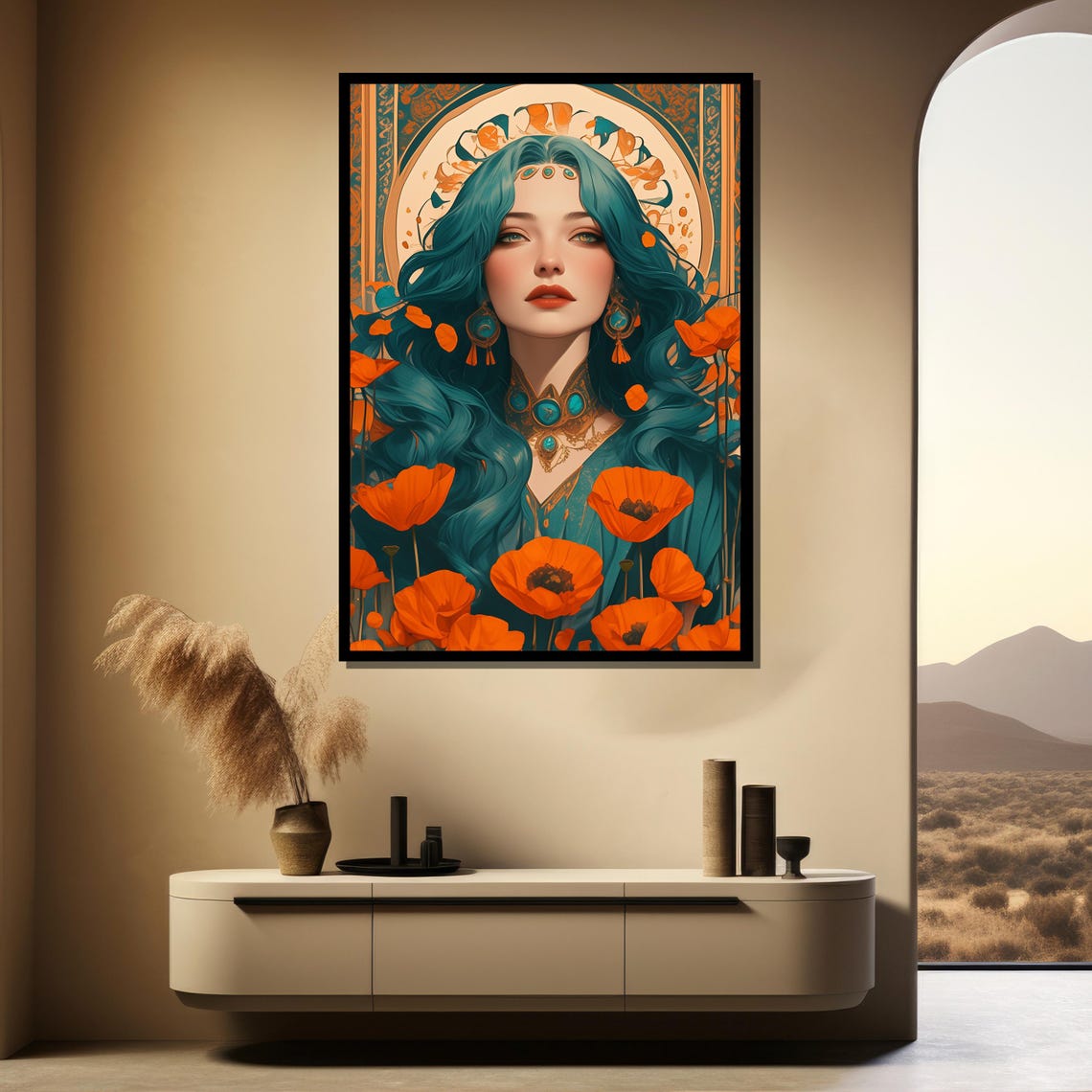 Teal Haired Goddess With Orange Poppies Art Nouveau Fantasy Poster - Image 3