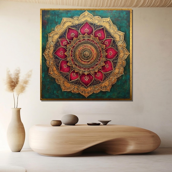 Radiant Pink Red Gold Mandala On Teal Intricate Boho Decor Poster