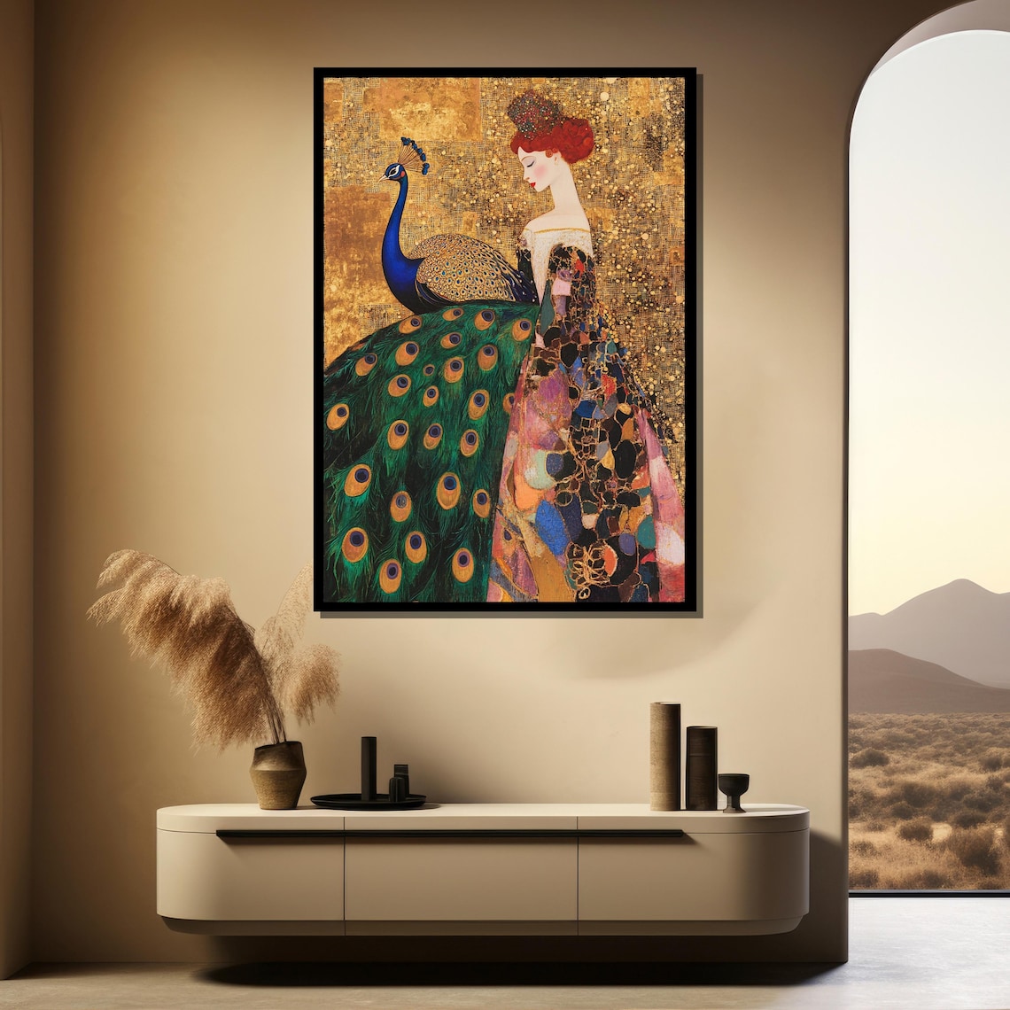 Elegant Woman With Peacock Canvas Painting Klimt Style Golden Wall Art Fantasy Feminine Gift For Living Room Gallery Or Artistic Space - Image 3