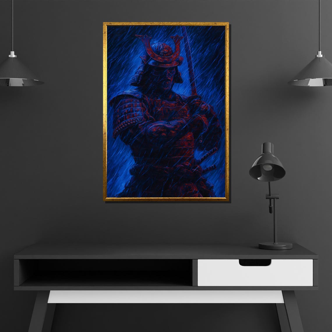 Samurai Warrior In Rain Neon Blue Red Armor Dramatic Night Poster - Image 2