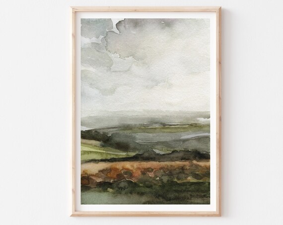 Autumn Landscape Watercolor Poster Rolling Hills Gray Sky Rust Fields Art