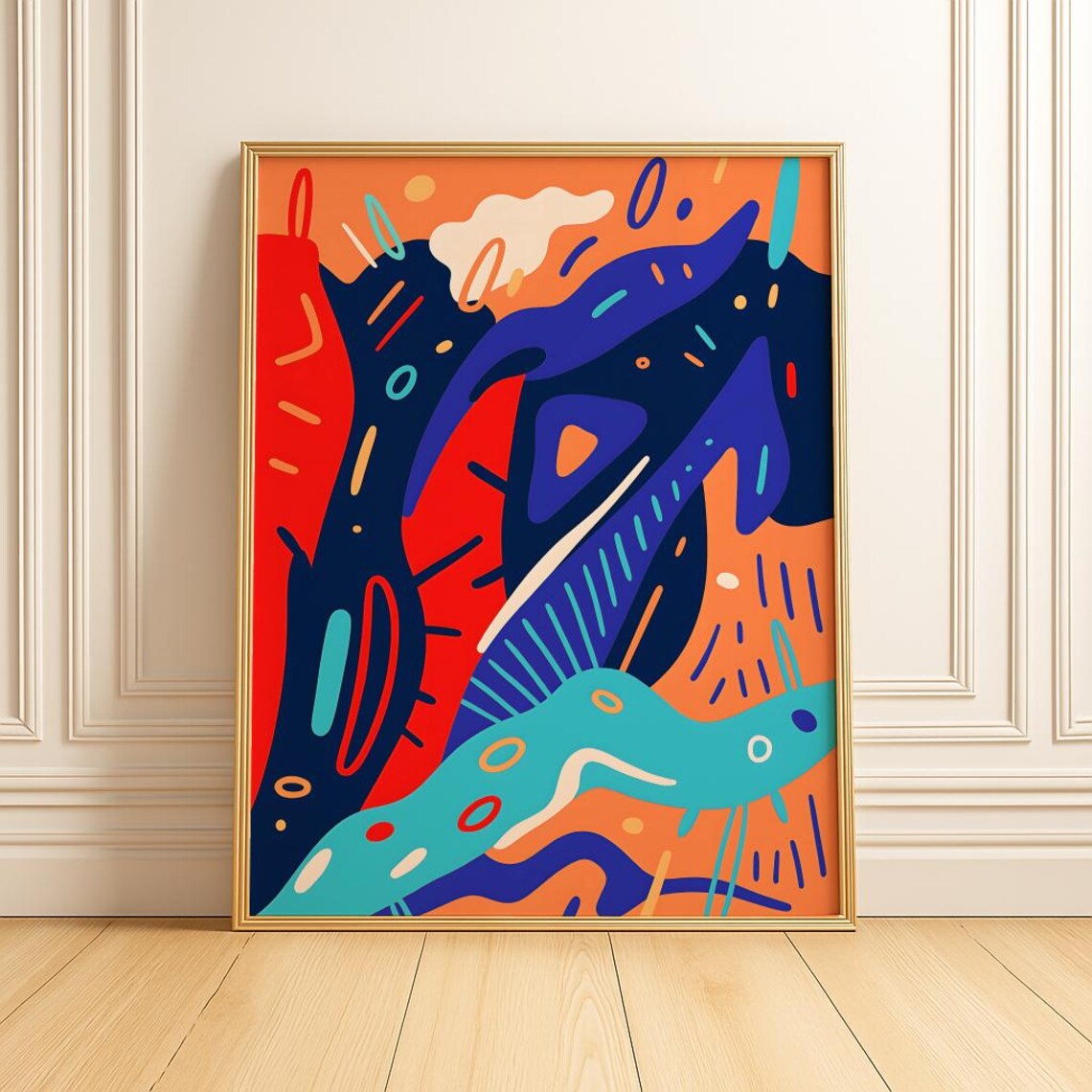 Blue And Orange Modern Abstract Colorful Retro Wavy Art Poster