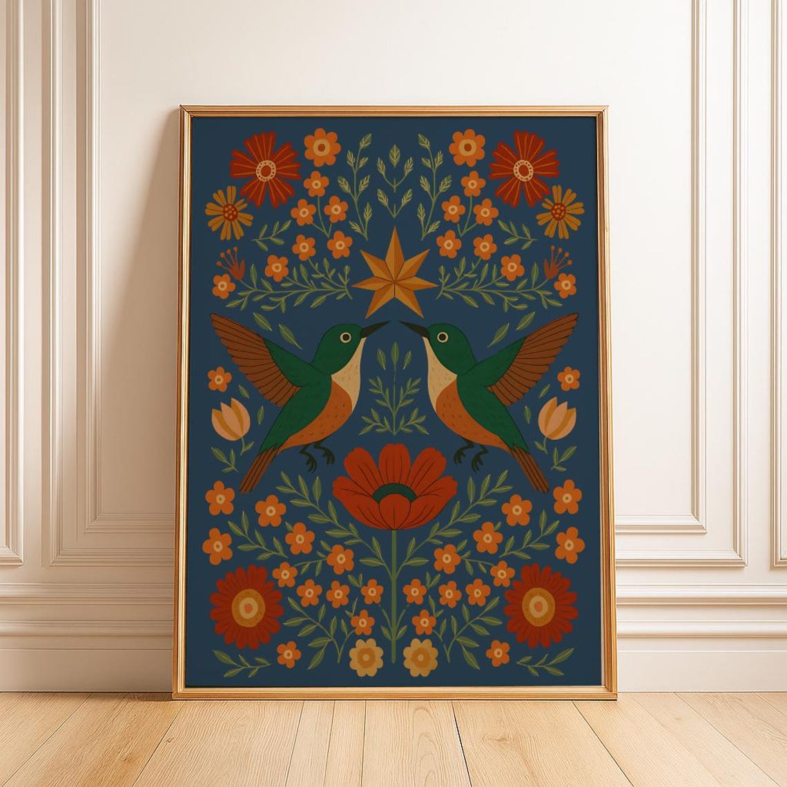 Scandinavian Hummingbird Folk Art Floral Navy Nature Art Poster
