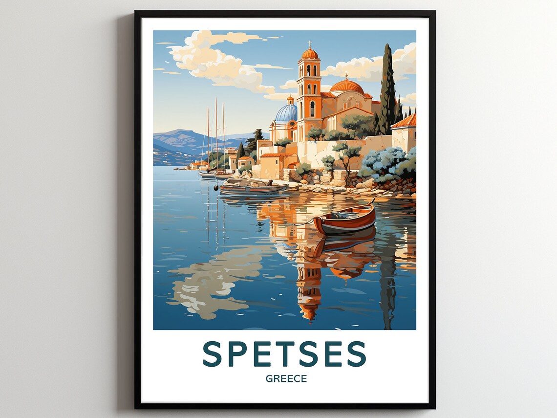 Spetses Greece Harbor Church Boats Aegean Island Travel Poster