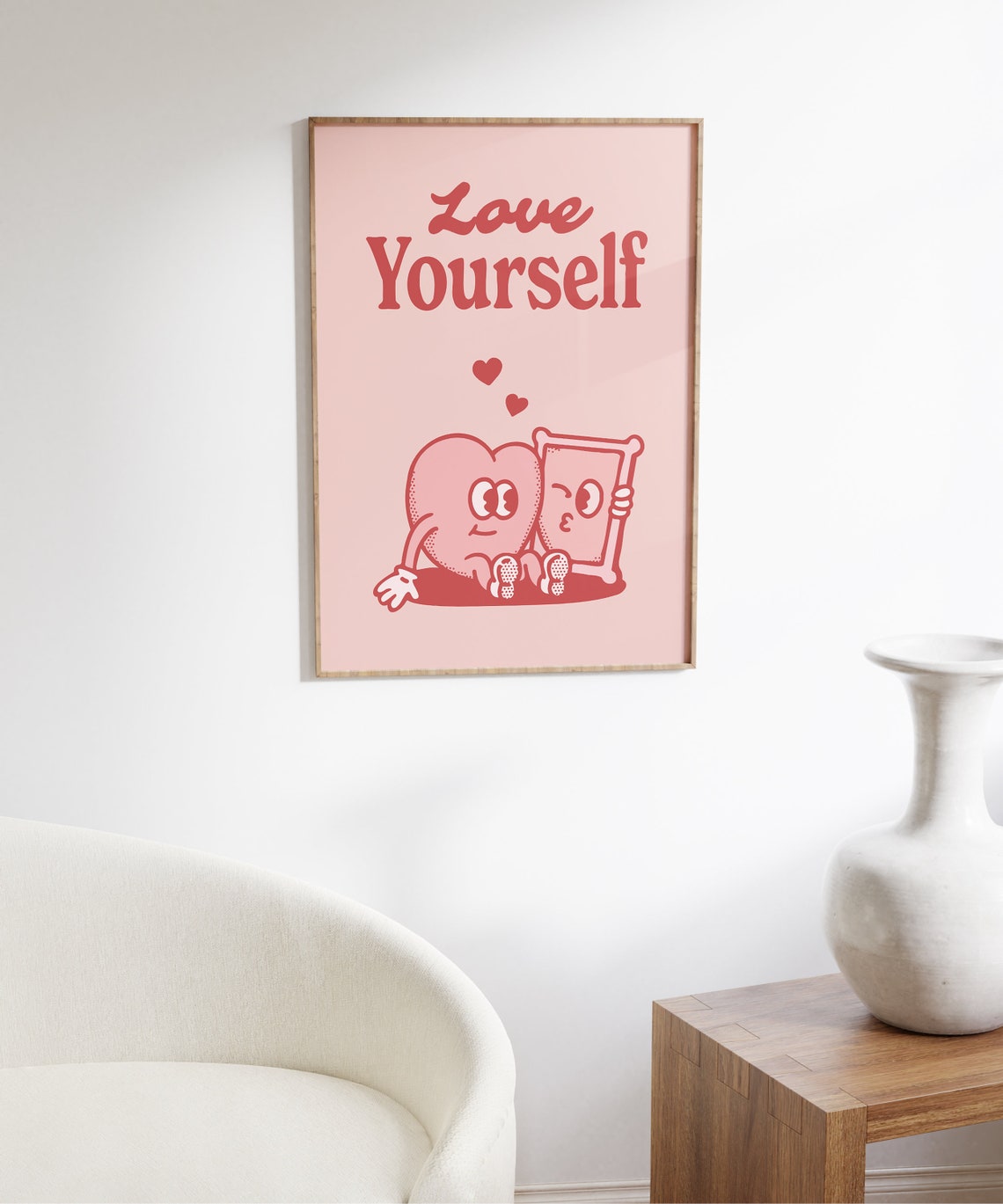 Love Yourself Retro Pink Heart Hugging Mirror Quote Wall Art - Image 6