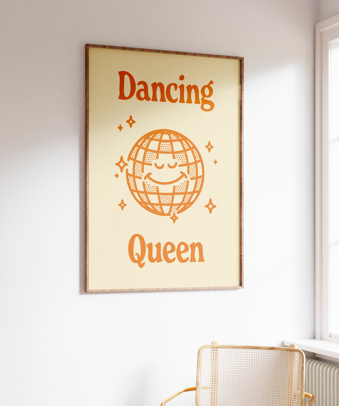 Dancing Queen Orange Smiling Disco Ball Retro 70s Party Quote Poster - Image 4