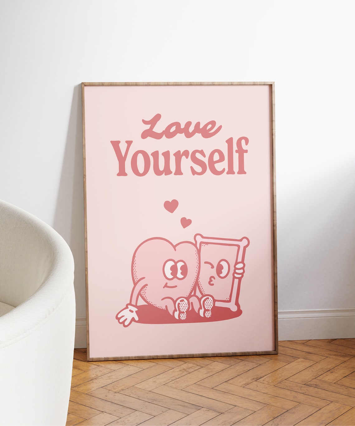 Love Yourself Retro Pink Heart Hugging Mirror Quote Wall Art - Image 3