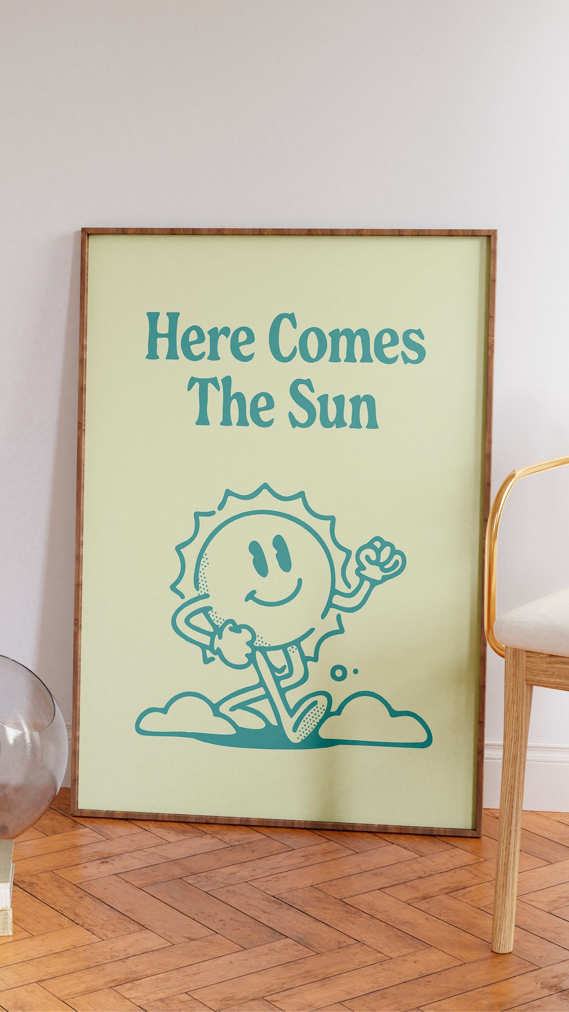 Here Comes The Sun Teal Retro Sun Mascot Lime Quote Wall Art - Image 2