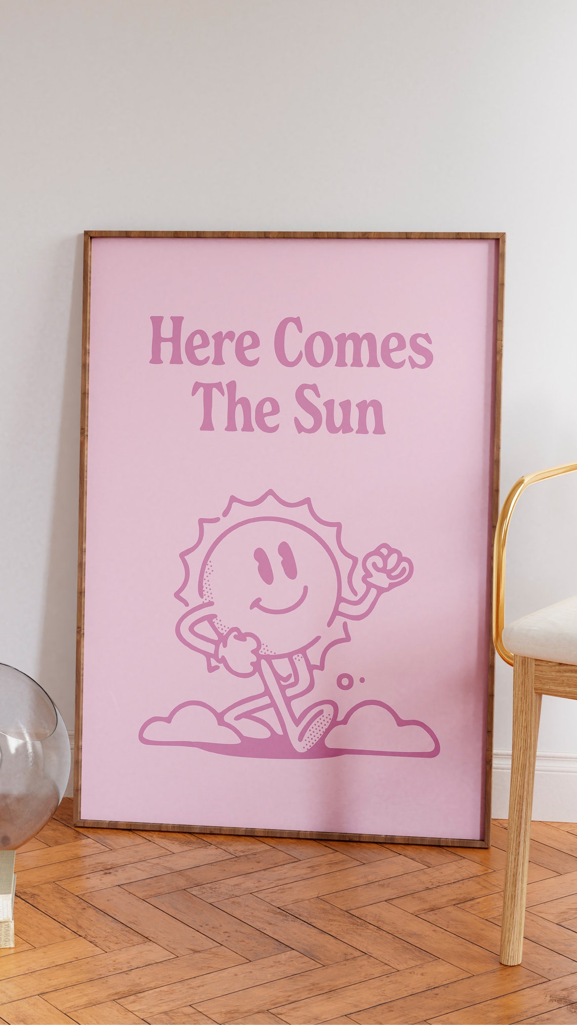 Here Comes The Sun Pink Retro Smiling Sun Mascot Quote Poster - Image 2