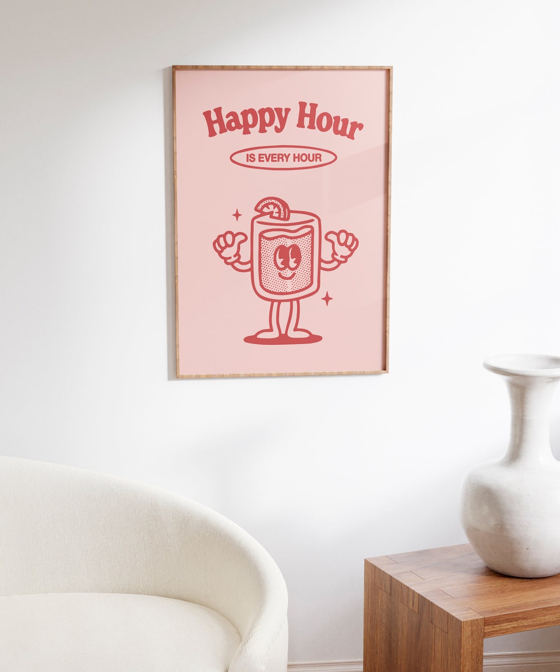 Happy Hour Is Every Hour Cocktail Glass Mascot Pink Retro Poster - Image 5