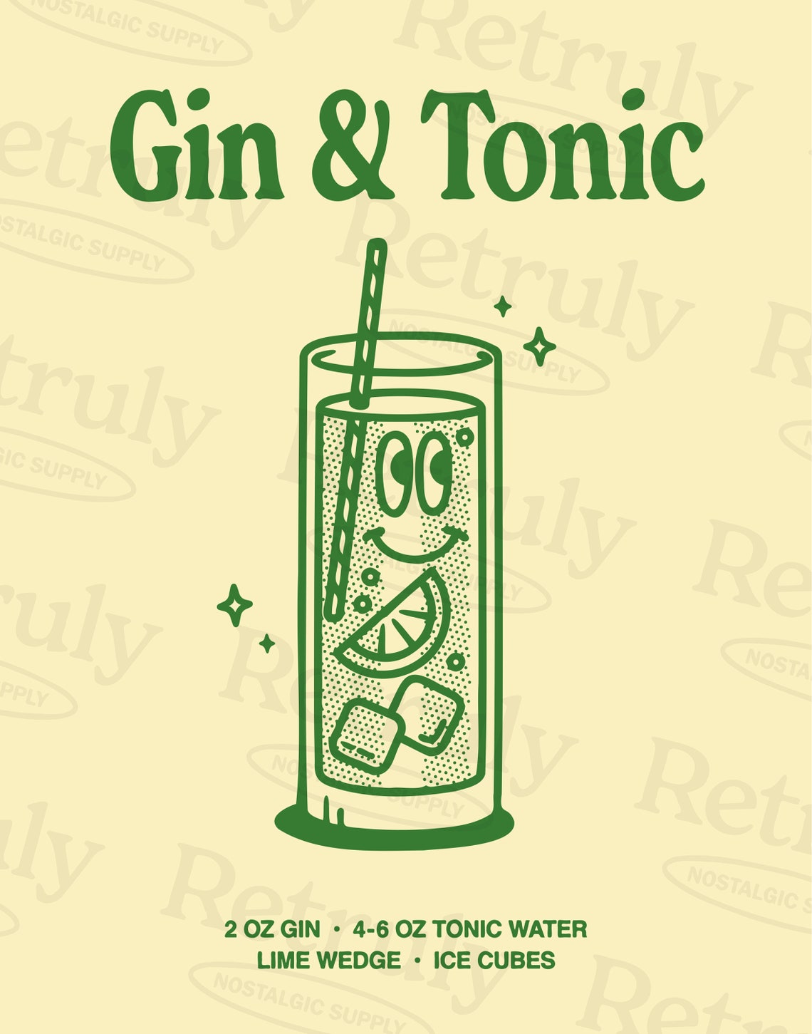 Gin and Tonic Cocktail Recipe Green Line Art Bar Cart Poster - Image 2