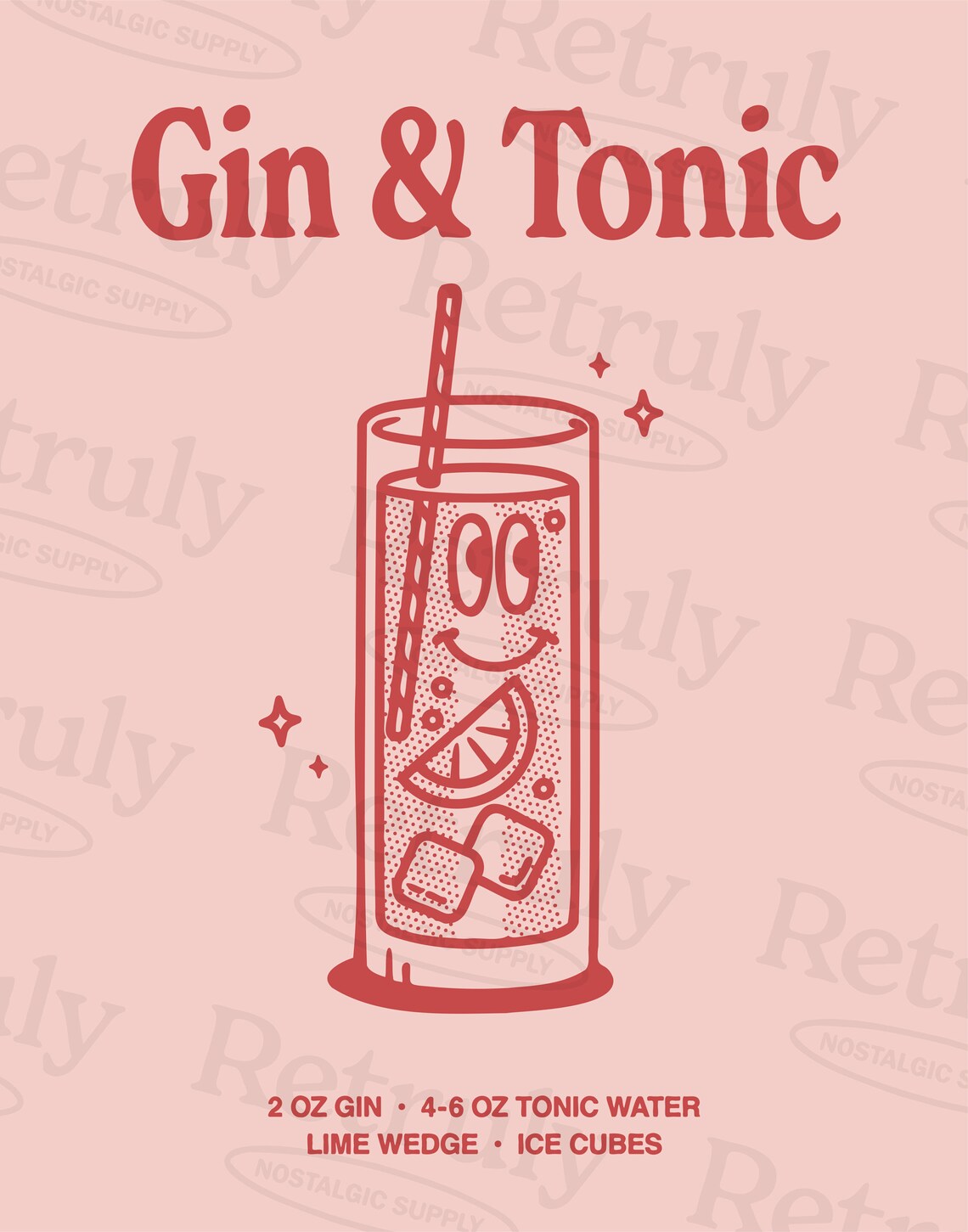 Gin And Tonic Recipe Retro Pink Cocktail Illustration Bar Cart Print - Image 2