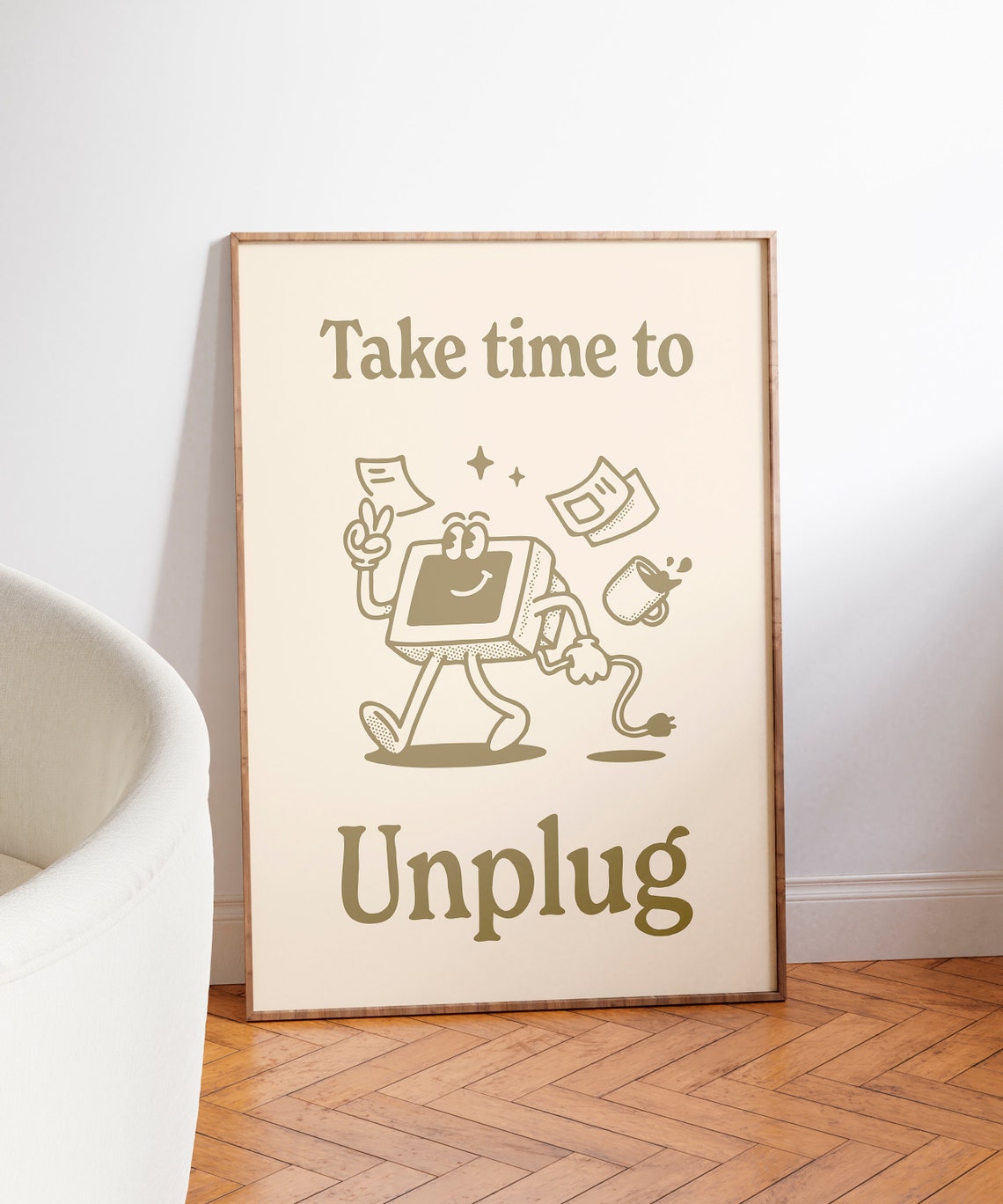 Take Time To Unplug Brown Retro Cartoon Computer Motivational Poster - Image 3