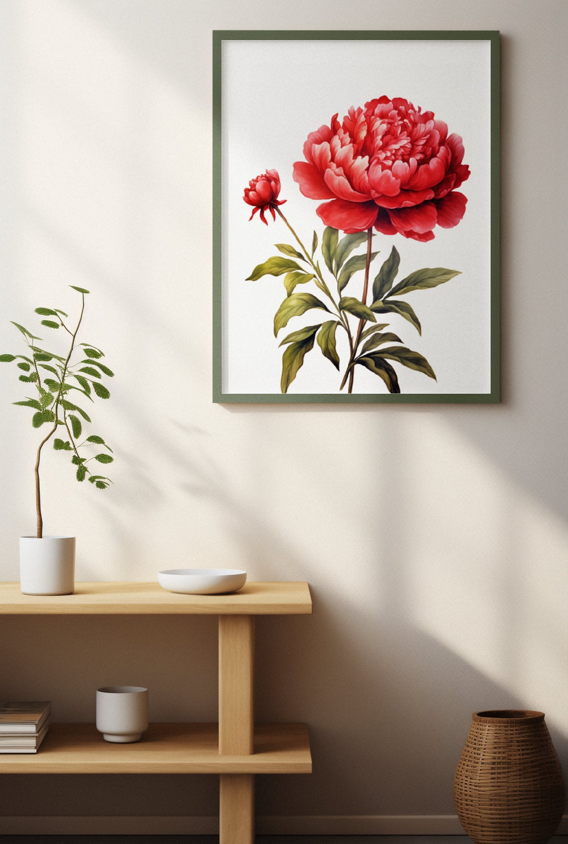 Red Peony Bloom with Bud Watercolour Botanical Flower Poster - Image 4