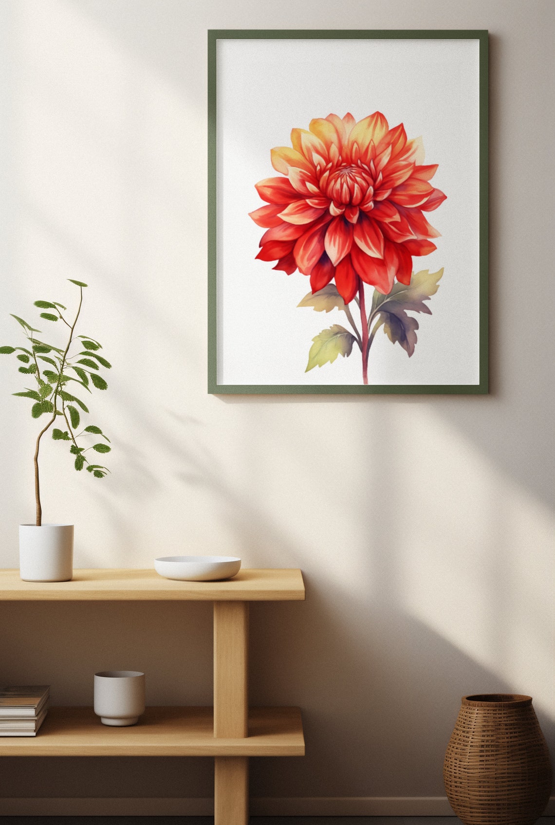 Flame Red Orange Dahlia Golden Tip Watercolour Botanical Art Poster - Image 4
