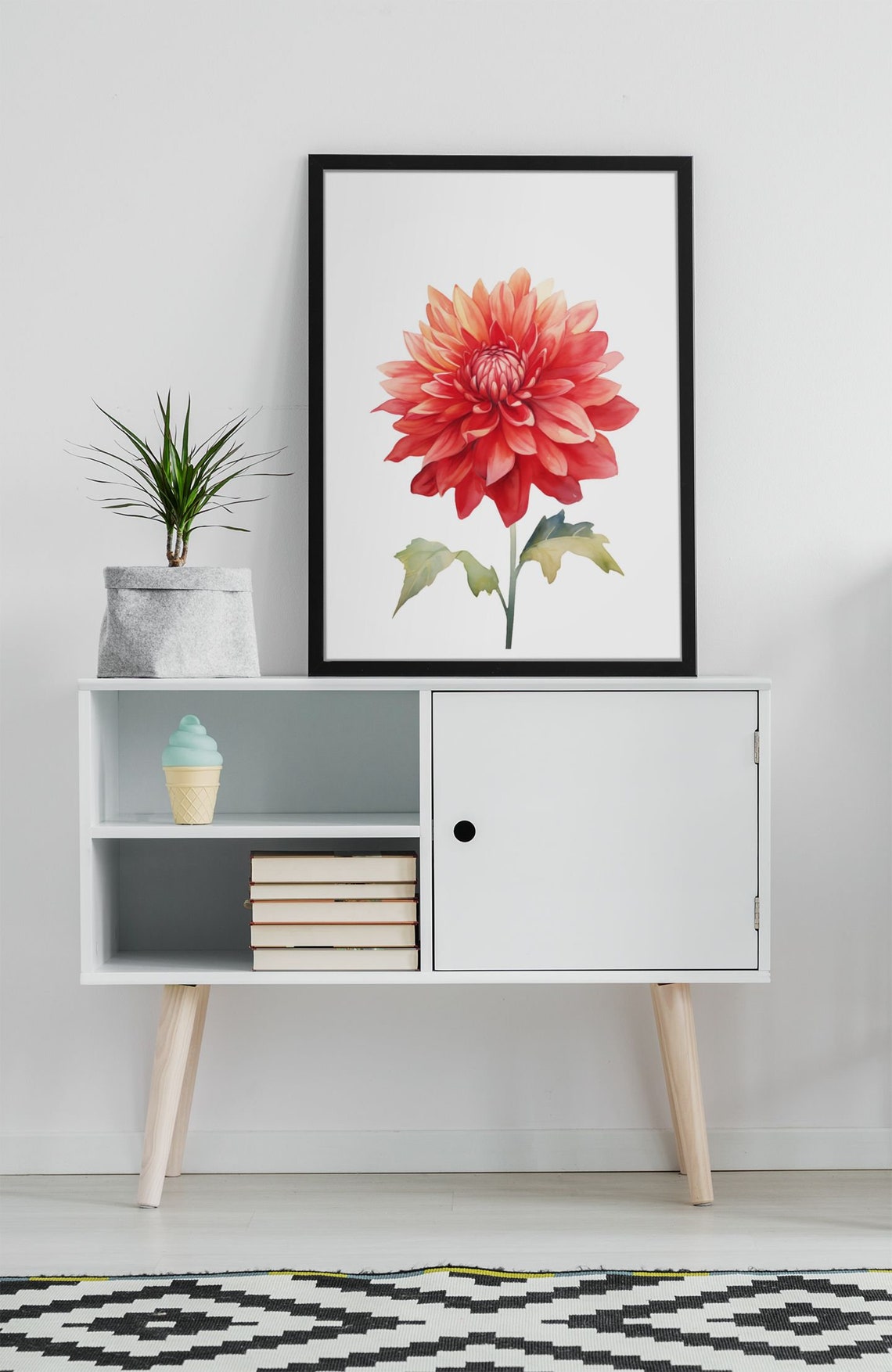 Bright Flame Dahlia Red Orange Watercolour Botanical Art Poster - Image 8