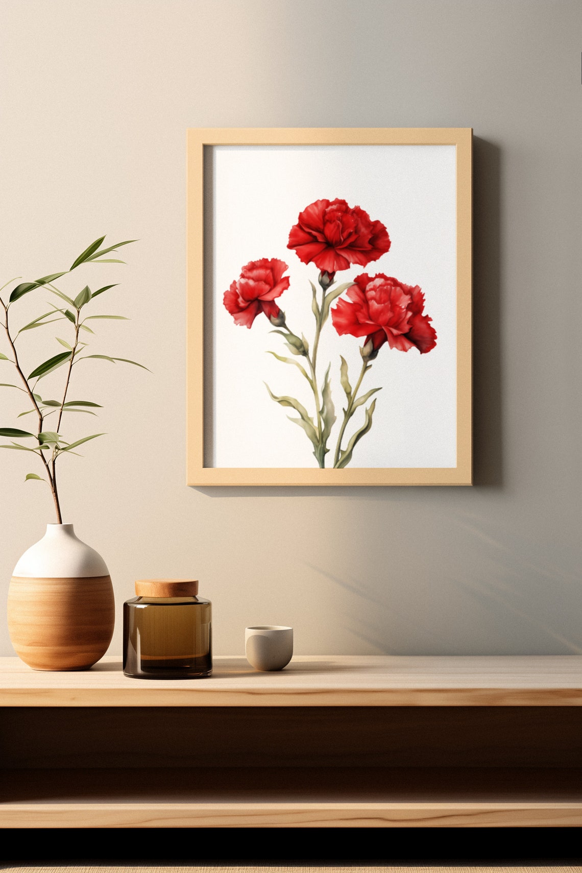 Red Carnations Trio Classic Watercolor Floral Botanical Poster - Image 3