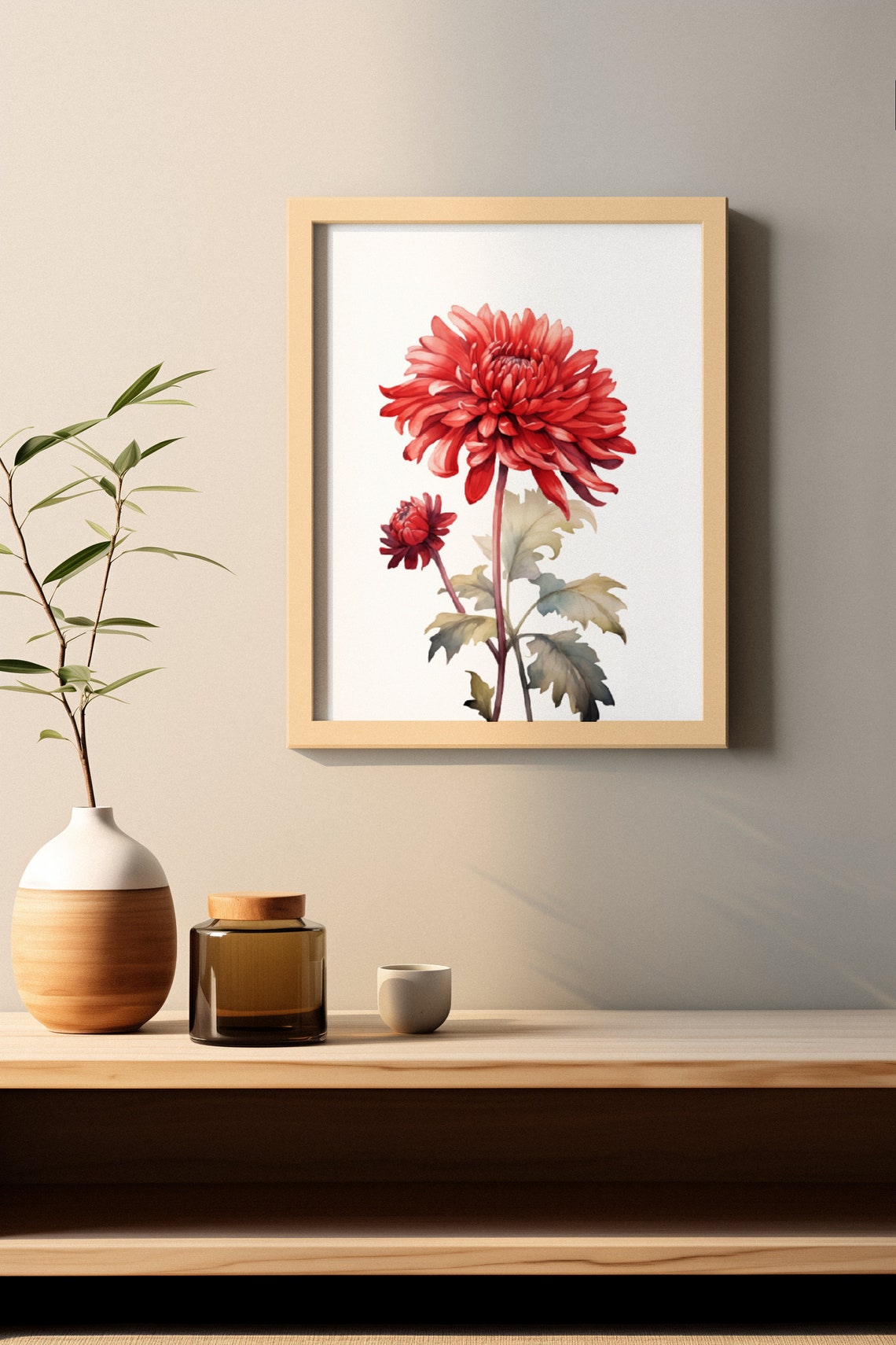 Red Chrysanthemum Single Bloom Watercolour Botanical Flower Poster - Image 2