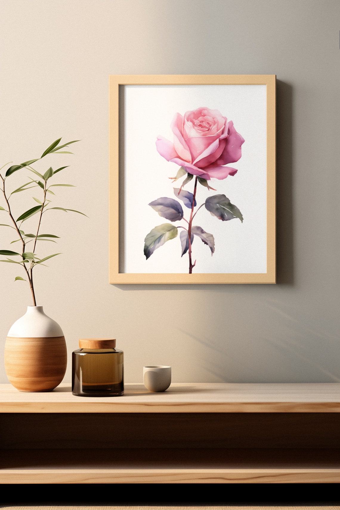 Blush Pink Rose With Dusky Leaves Romantic Watercolor Poster - Image 2