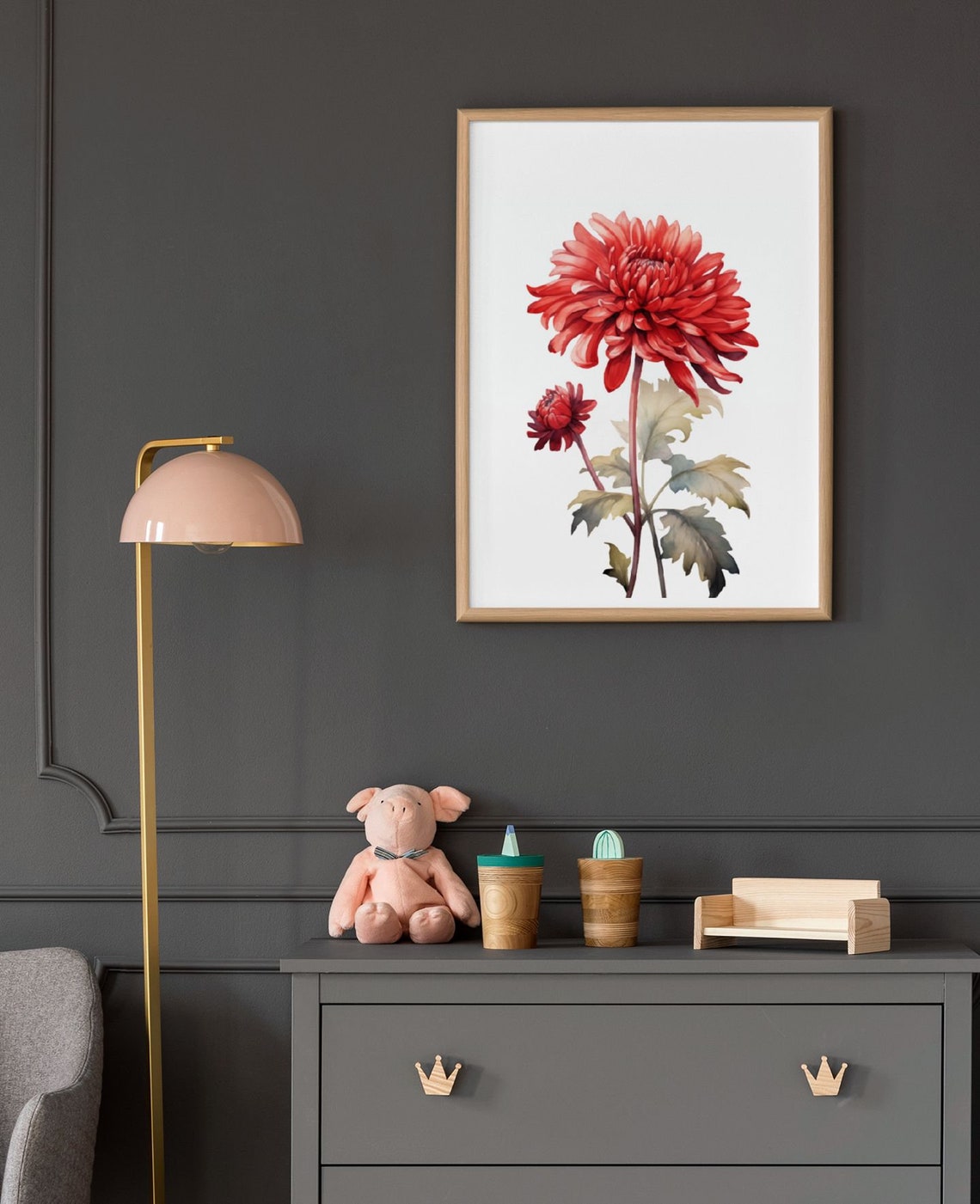 Red Chrysanthemum Single Bloom Watercolour Botanical Flower Poster - Image 9