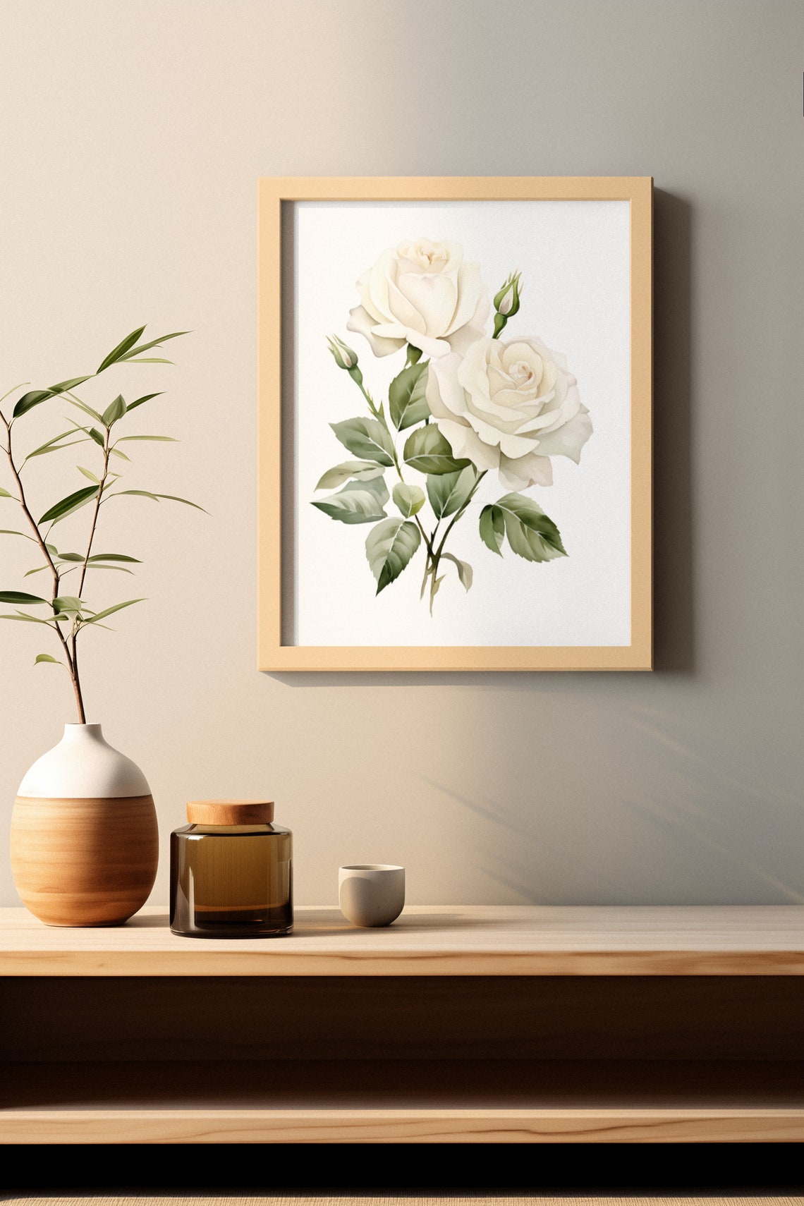 White Rose Pair With Buds Romantic Tender Watercolor Art Poster - Image 2