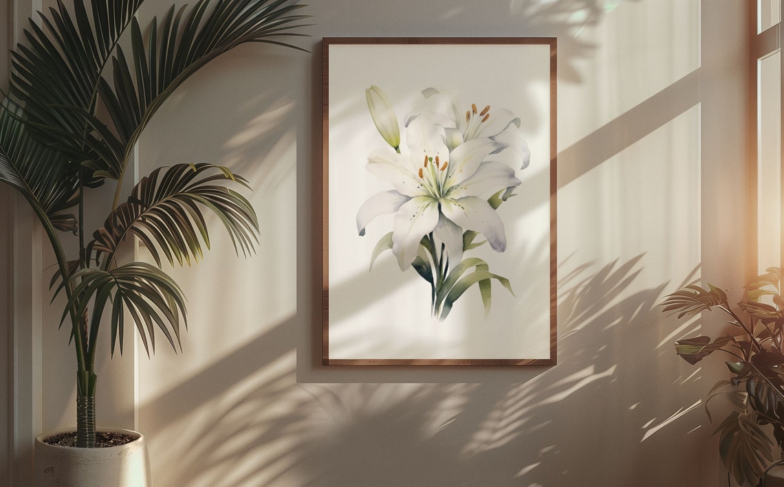 White Lily Blossoms With Buds Serene Peaceful Watercolor Art Poster - Image 6