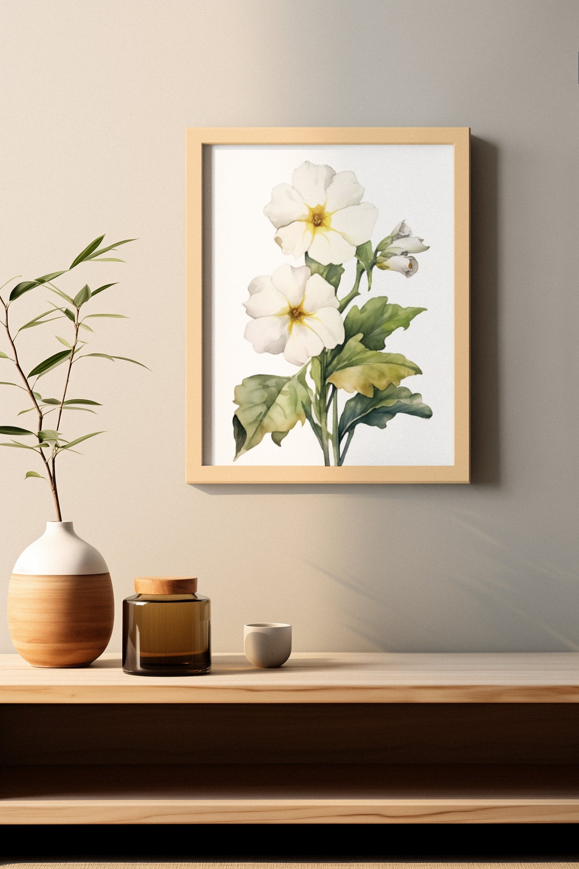 White Primrose Twin Blooms Watercolour Botanical Flower Poster - Image 2