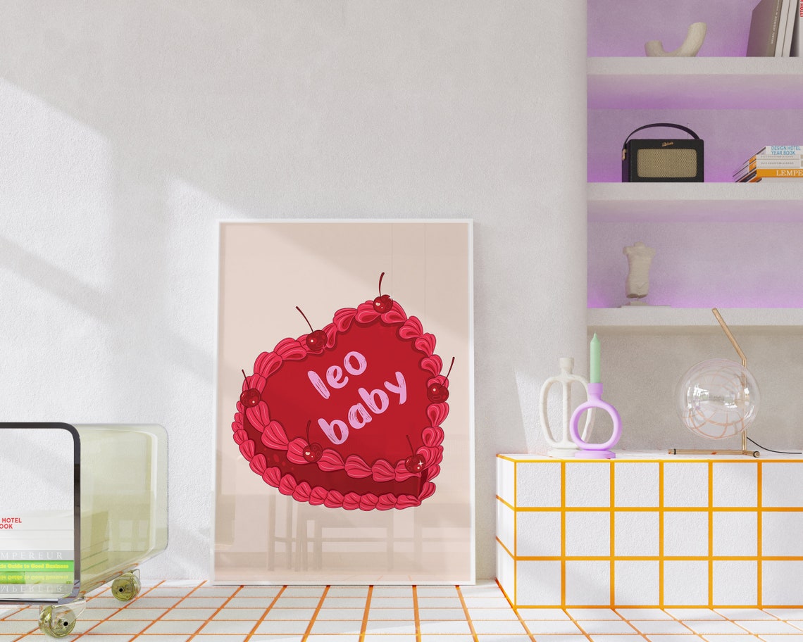 Leo Baby Red Vintage Heart Cake With Cherries Zodiac Wall Art - Image 3