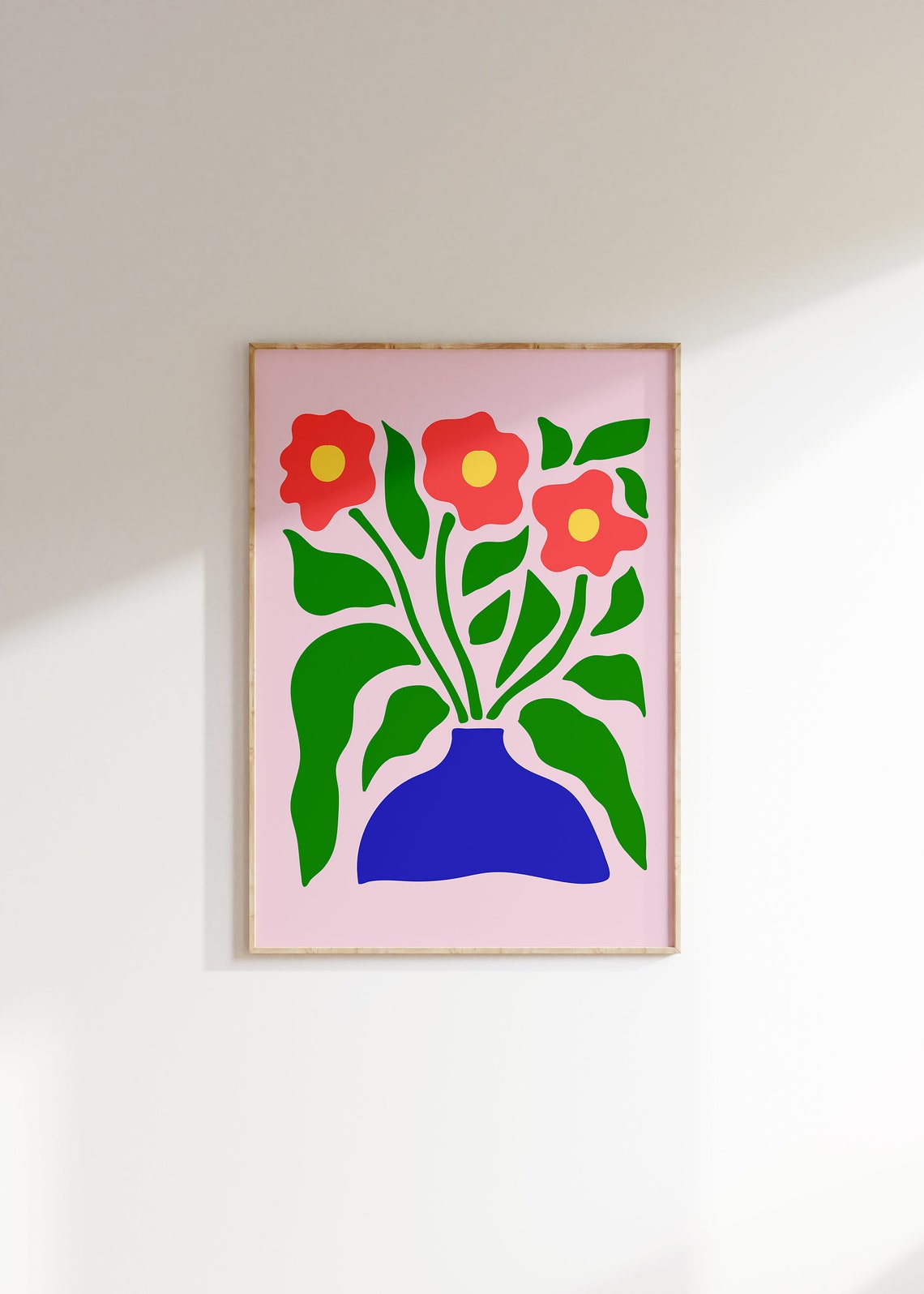 Red Flowers and Blue Vase Bold Modern Floral Statement Print
