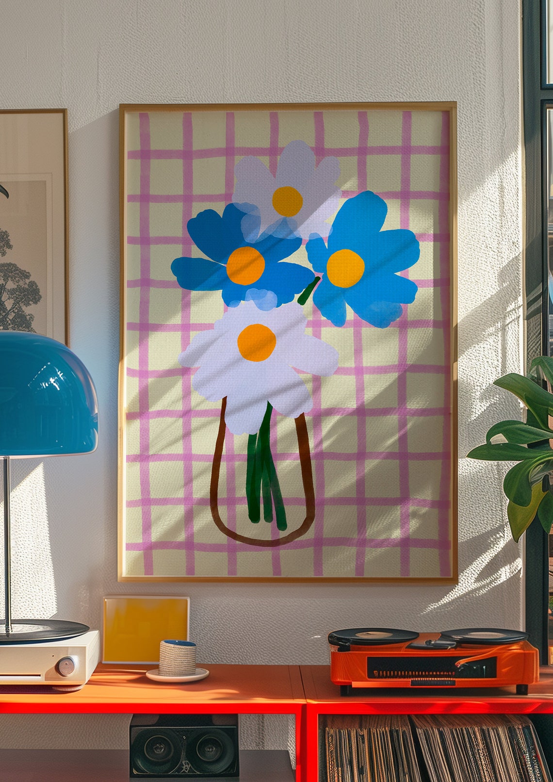 Blue and Purple Daisies in Vase on Pink Gingham Grid Floral Poster - Image 3