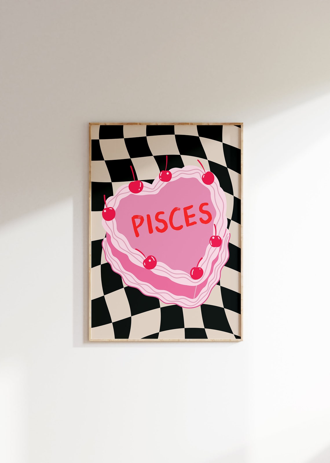 Pisces Zodiac Sign Pink Heart Cake with Cherries Checkerboard Poster