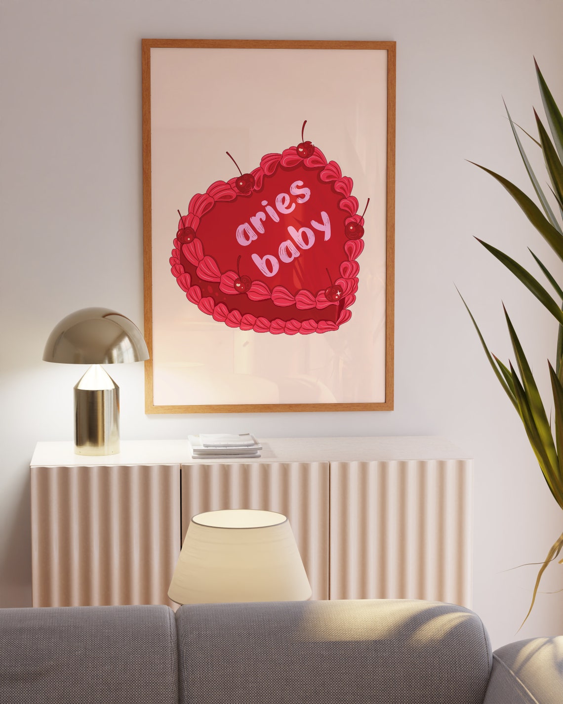 Aries Baby Red Vintage Heart Cake With Cherries Zodiac Wall Art - Image 3