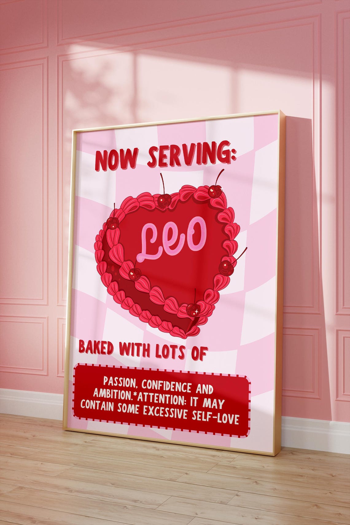 Now Serving Leo Heart Cake Red Cherry Zodiac Traits Kitchen Poster - Image 3